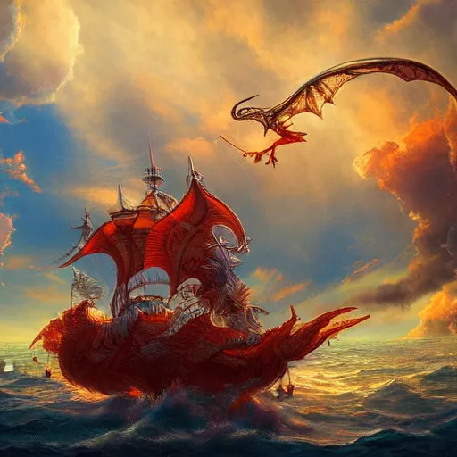 Image similar to majestical ship with a dragon flying above, beautiful composition, wide angle, colorful, cinematic, volumetric lighting, intricate details painting