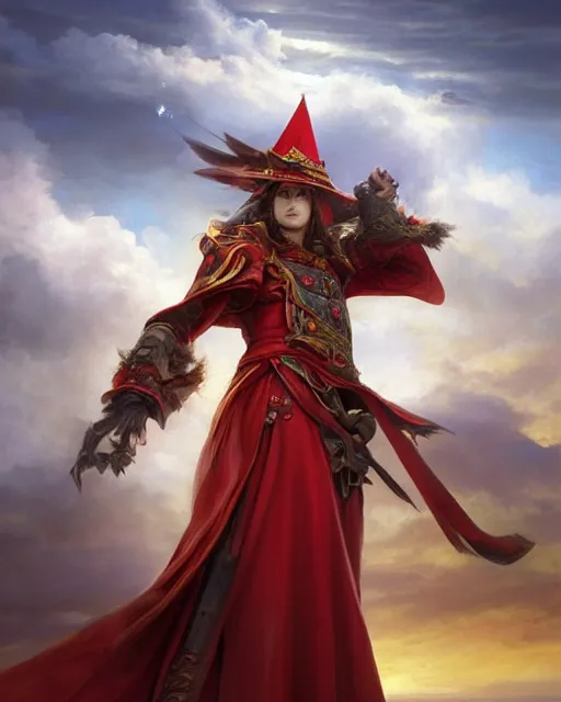 Image similar to A Full View of a Red Mage wearing magical shining armor and a feathered hat surrounded by an epic cloudscape. Magus. Red Wizard. Magimaster. Fantasy Illustration. masterpiece. 4k digital illustration. by Ruan Jia and Mandy Jurgens and Artgerm and greg rutkowski and Alexander Tsaruk and WLOP and Range Murata, award winning, Artstation, art nouveau aesthetic, Alphonse Mucha background, intricate details, realistic, panoramic view, Hyperdetailed, 8k resolution, intricate art nouveau