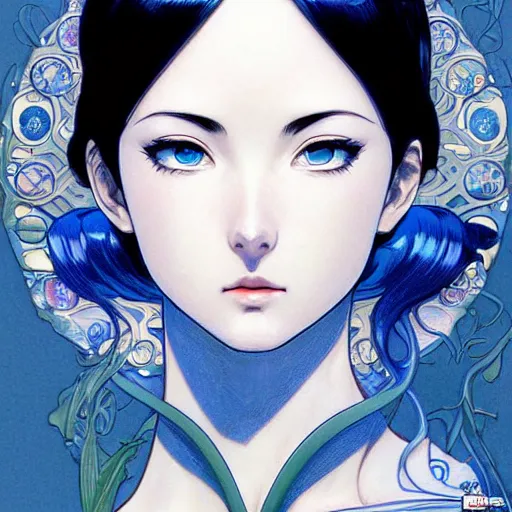 Image similar to intricately detailed vfx portrait of nico robin by eiichiro oda!, makoto shinkai, alphonse mucha, art by artgerm and greg rutkowski!, blue eyes!!, large aquiline nose!!, best of behance, concept art, matte, sharp focus, adolphe bouguereau, annie leibovitz, stanley kubrick,