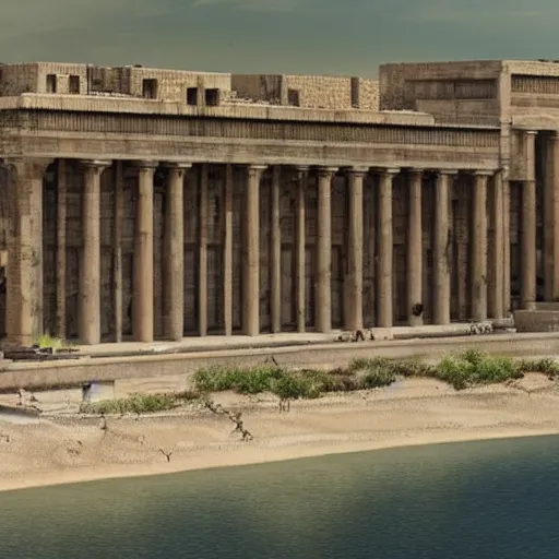 Prompt: The Library of Alexandria in pristine condition, as it would have looked in the 4th century A.D. In the background is the Mediterranean sea. Photorealism, hyper detail, intricate, 8k, epic depth,