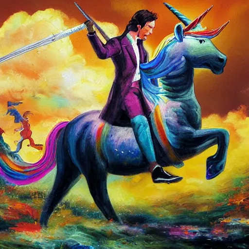 Image similar to wesley crusher riding a unicorn into battle impressionist oil painting fantasy 1 5