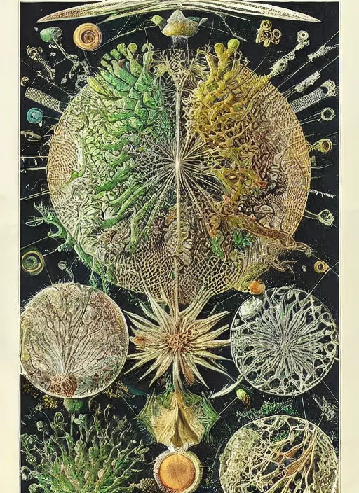 Prompt: “Detailed Scientific illustration of the worlds data traffic networks by Ernst Haeckel with explanations”