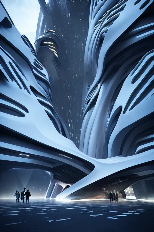 Image similar to a futuristic scene in front of a zaha hadid building, cinematic matte painting, extreme detail photo quality, dark moody colors, featured on behance