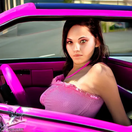 Image similar to Young woman in Los Angeles driving pink lowrider, high contrast, photo