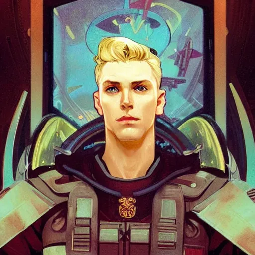 Image similar to portrait of uncannily beautiful blonde man, genetically perfect, with distant expression and piercing blue eyes, wearing fascist Byzantine police uniform and standing in ancient bronze arcology airlock, science fiction concept art by Anato Finnstark, Alphonse Mucha, and Greg Rutkowski