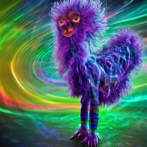 Image similar to a purple speckled lion - ostrich creature, engulfed in twisting glowing iridescent alien flora, with strange rainbow alien flowers, dramatic, award - winning photography, realism