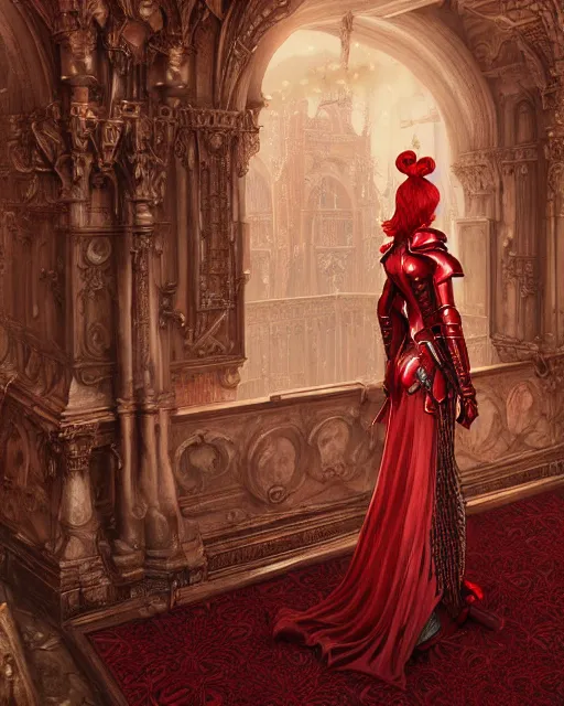 Image similar to redhead queen knight in red armor, inside grand hall in castle with rococo aesthetic, intimidating, high fantasy, intricate detail, digital painting, artstation, concept art, smooth, sharp focus, illustration, art by yoshitaka amano and monia merlo and wlop