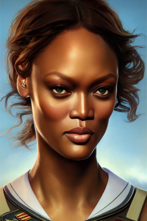 Image similar to tyra banks in the movie top gun, realistic portrait, symmetrical, highly detailed, digital painting, artstation, concept art, smooth, sharp focus, illustration, cinematic lighting, art by artgerm and greg rutkowski and alphonse mucha