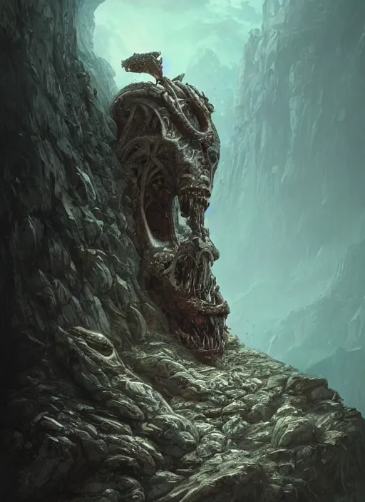 Image similar to hyper realistic photography of intricate horrific alien bone god sitting on ruined ornamented rock throne in a rocky cave detailed, greg rutkowski, ross tran, moebius, lovecraft, artstation, cgsociety