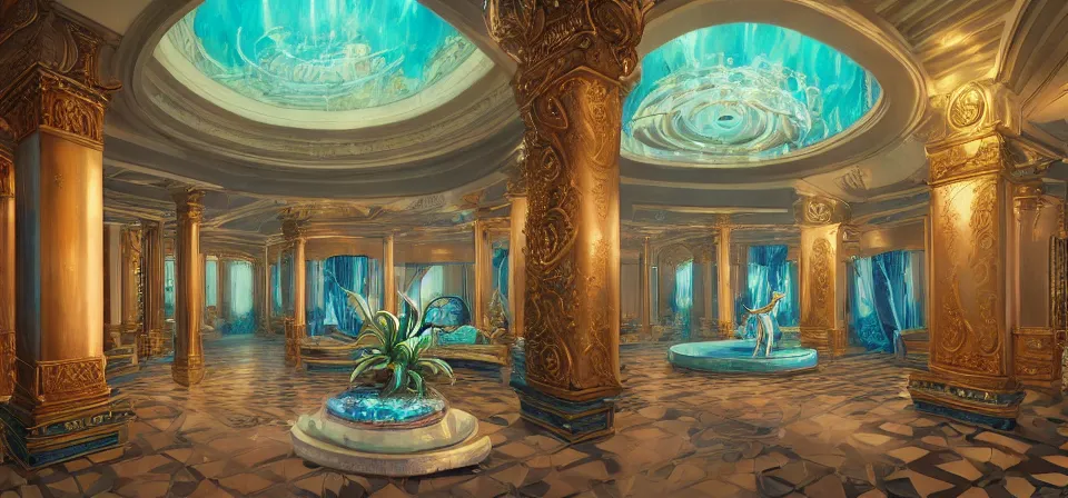 Image similar to vaporwave ombre detailed vast and ornate luxury hotel lobby. underwater themed. highly detailed, digital painting, artstation, concept art, smooth, sharp focus, illustration, ed hopper, chris moore. artgerm, tomasz alen kopera, peter mohrbacher, donato giancola, joseph christian leyendecker, wlop, boris vallejo