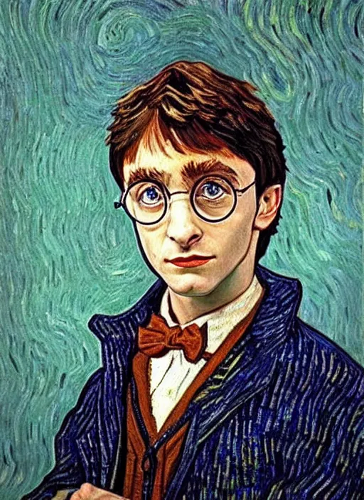 Image similar to lifelike oil painting portrait of harry potter by van gogh