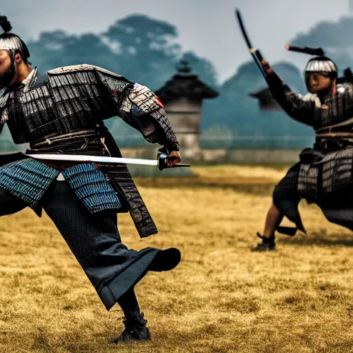 Prompt: HD photo of a samurai sprinting across a field. dynamic pose