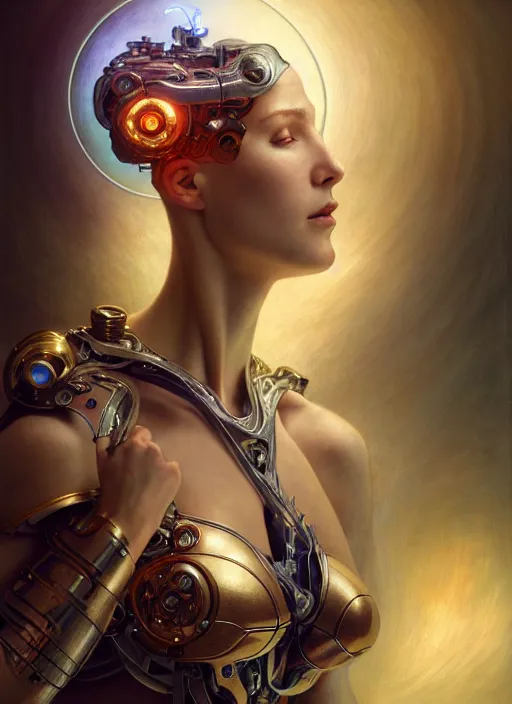 Image similar to cyborg recharging, diffuse lighting, fantasy, intricate, elegant, highly detailed, lifelike, photorealistic, digital painting, artstation, illustration, concept art, smooth, sharp focus, art by John Collier and Albert Aublet and James jean and Brian froud and ross tran and Artem Demura and Alphonse Mucha