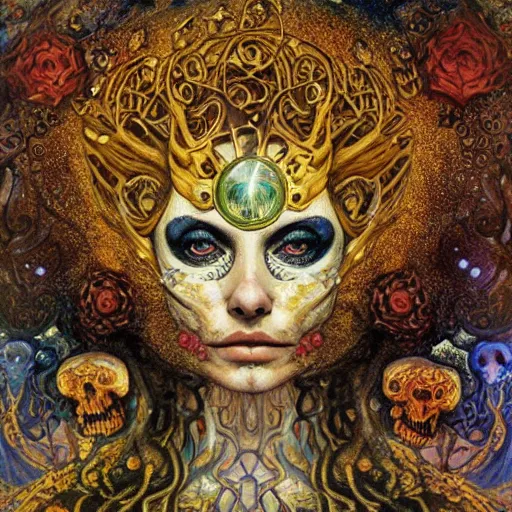 Image similar to Memento Mori by Karol Bak, Jean Deville, Gustav Klimt, and Vincent Van Gogh, beautiful visionary mystical portrait, calavera, otherworldly, fractal structures, ornate gilded medieval icon, third eye, spirals, calavera by Van Gogh