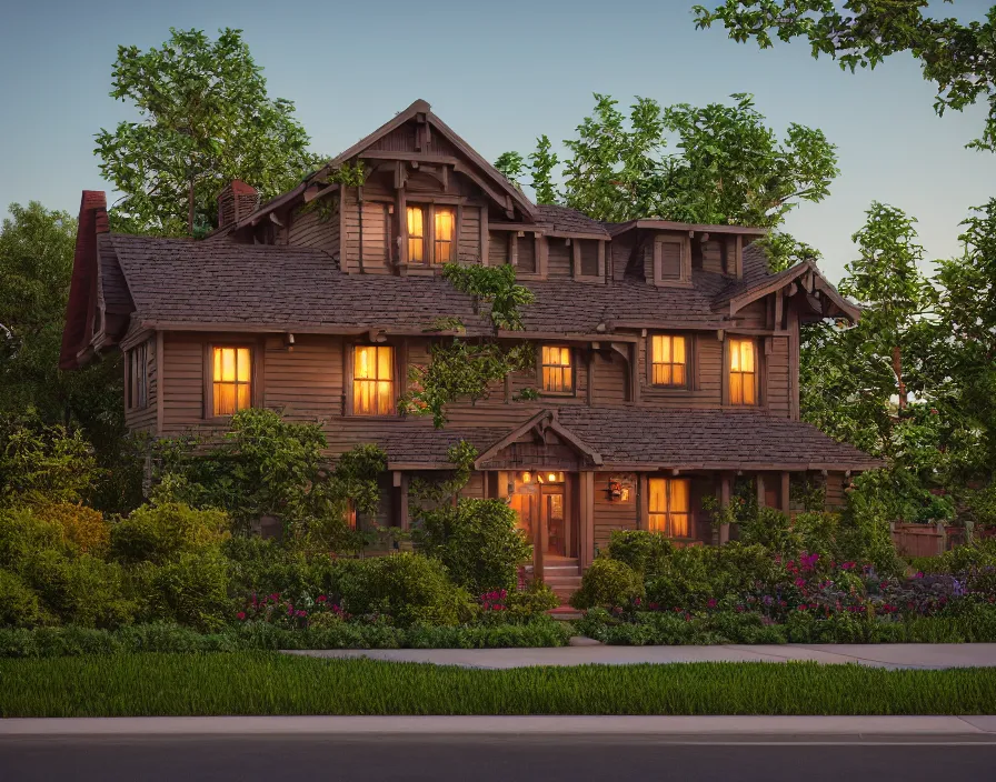 Prompt: craftsman home, idyllic 1950s suburb by Asher Durand. solar power, intricate artwork, octane render, cinematic, hyper realism, golden hour, octane render, 8k, depth of field, bokeh. iridescent accents. vibrant.