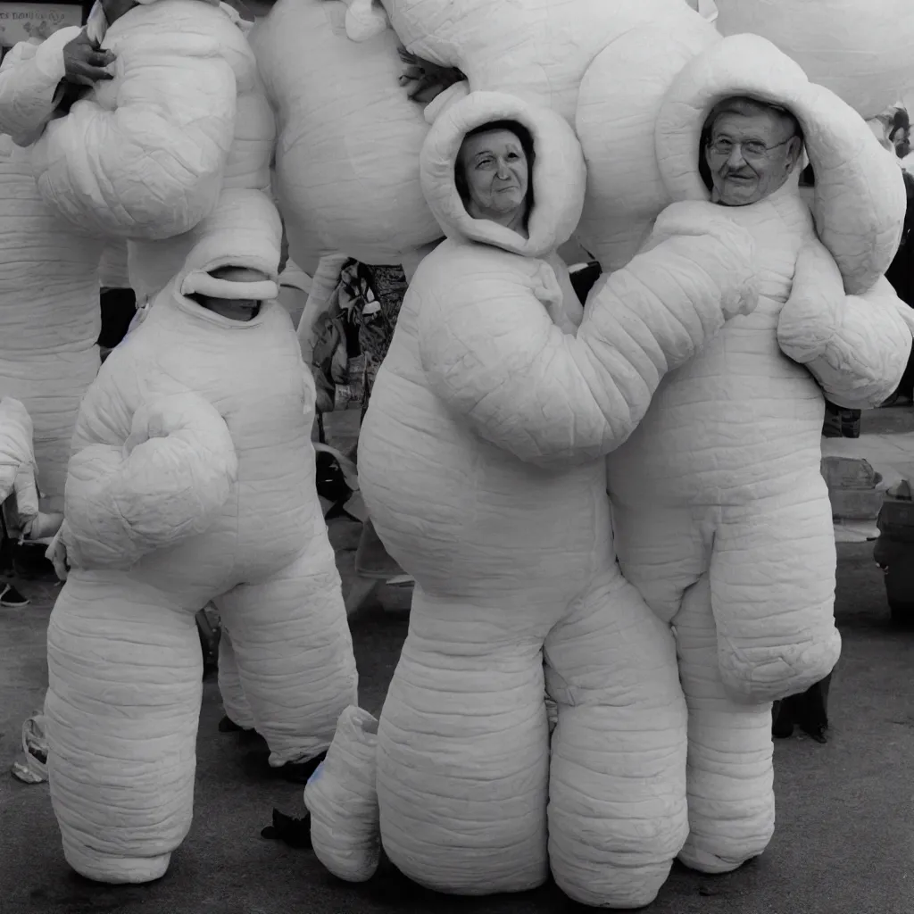 Image similar to a martin parr photo of a grandpa couple, wearing michelin man costumes