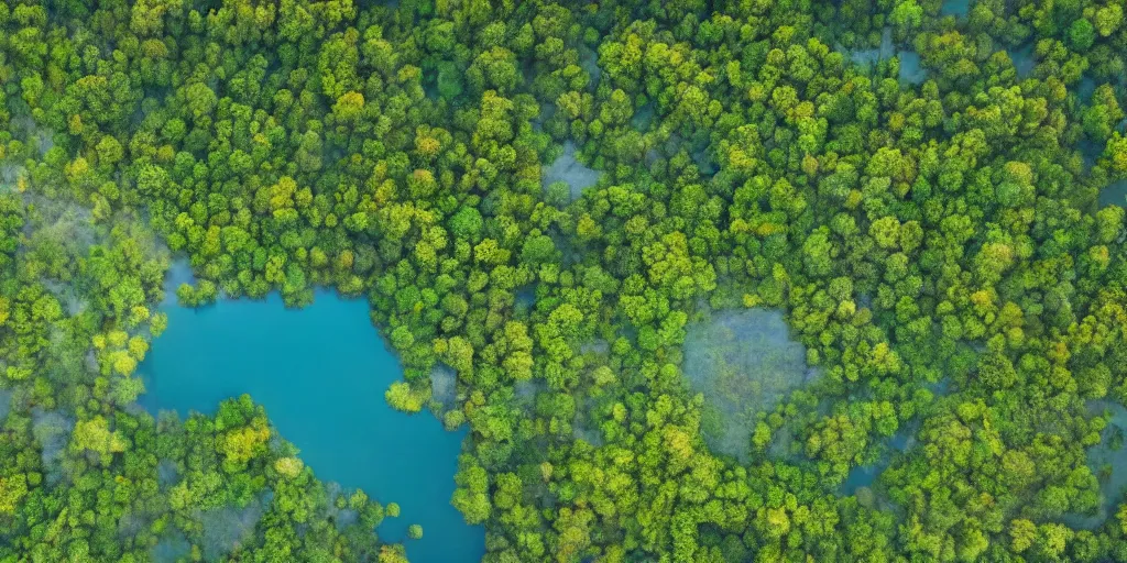 Image similar to areal view of peninsula, village, surrounded by two lakes, forest, national park, very detailed, 4 k, award winning photography