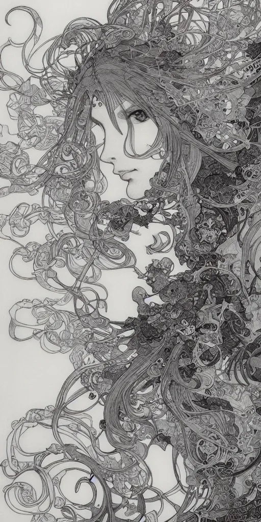 Image similar to yoshitaka amano anime painting, intricate line drawings, pen and ink, alphonse mucha, claire wendling, kentaro miura, ruan jia