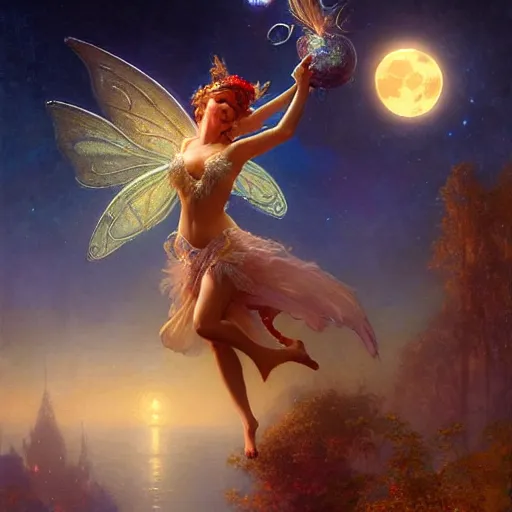 Image similar to attractive fairy magically floating high in the night, fantasy, full moon in background. highly detailed painting by gaston bussiere, craig mullins, j. c. leyendecker, mid shot, 8 k realistic, cryengine, frostbite 3 engine, sharp focus