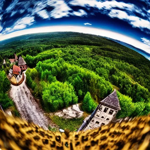 Image similar to hunted medieval town on the edge of dark forest, werewolf attack on villagers, hd, above view, fisheye lense