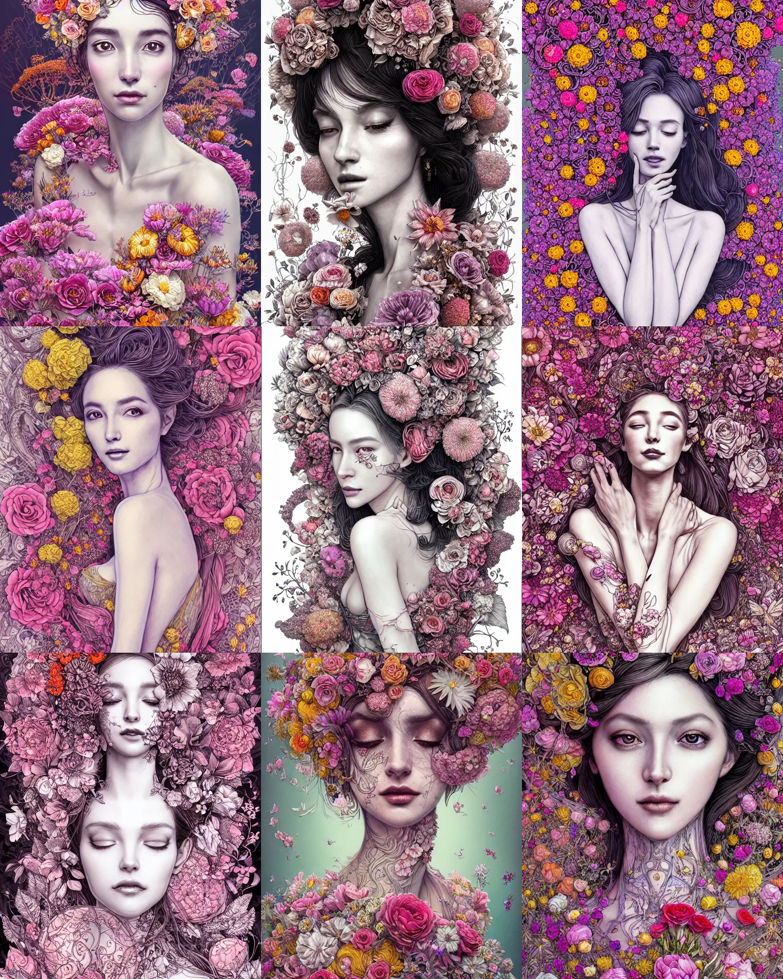 Prompt: the portrait of an absurdly beautiful, graceful, elegant, and perky woman made of flowers, an ultrafine detailed illustration by vania zouravliov, rossdraws, irakli nadar, intricate linework, bright colors, final fantasy, behance contest winner, angular, unreal engine 5 highly rendered, global illumination, radiant light, detailed and intricate environment