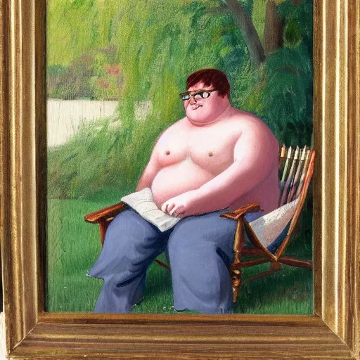 Image similar to romanticist painting of Peter Griffin sitting on a lawn chair in a backyard, oil on canvas, elegant,