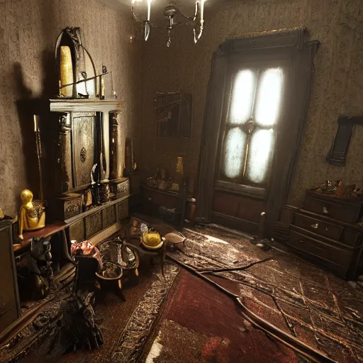 Image similar to room of a dark mansion, objects from ritual in the ground, realistic, highly detailed, unreal engine, guillermo del toro