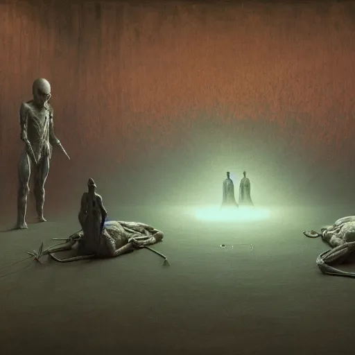 Image similar to government officials oversee an alien autopsy, beksinski, wayne barlowe, very coherent symmetrical artwork, cinematic, hyper realism, high detail, octane render, 8 k