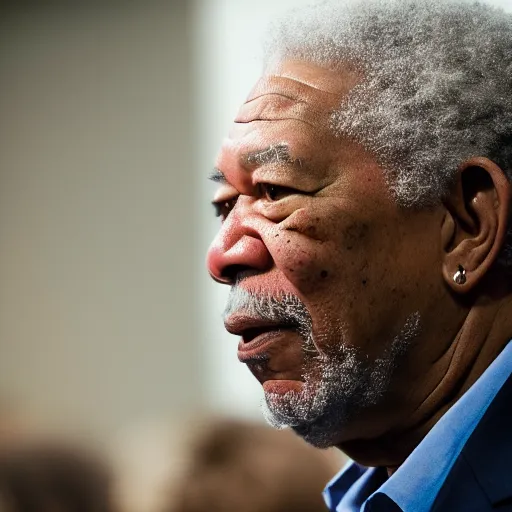 Image similar to cinematic still of Morgan Freeman preaching at a Baptist Church in Rural Tennessee, close up, shallow depth of field, cinematic