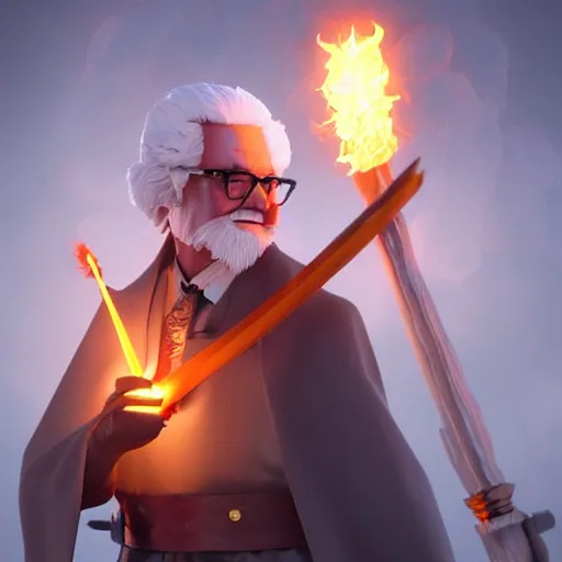 Prompt: Colonel Sanders wearing witches tunic holding a glowing fire magical staff. Trending on Artstation, octane render, ultra detailed, art by Ross tran