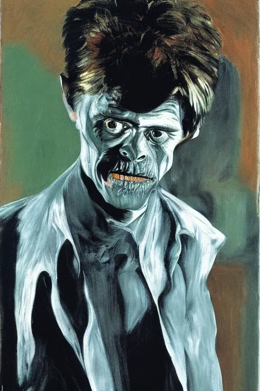 Prompt: willem dafoe, portrait, painting by francis bacon