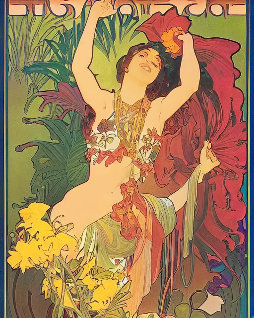 Prompt: a Poster of a bacalaito fritter with tropical iconography of a variety of tropical flora, cell shading, by Alphonse Mucha, Moebius, hiroshi yoshida, Art Nouveau, colorful, ultradetailed, vivid colour, 3d