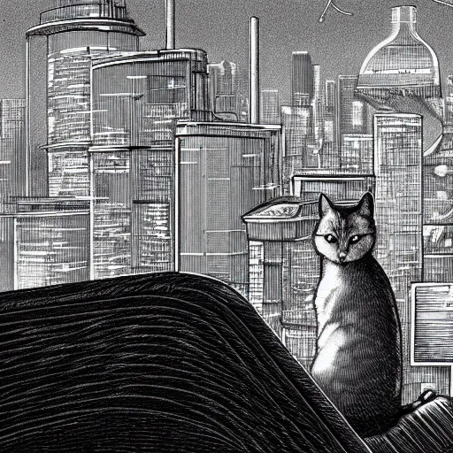 Prompt: Stray cat sitting on a roof watching a cyberpunk futuristic city, in the style of Gustave Doré