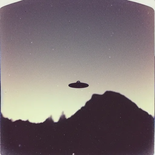 Image similar to a ufo flying over a mountain at night, distant!!, historical photo, old polaroid, expired film,