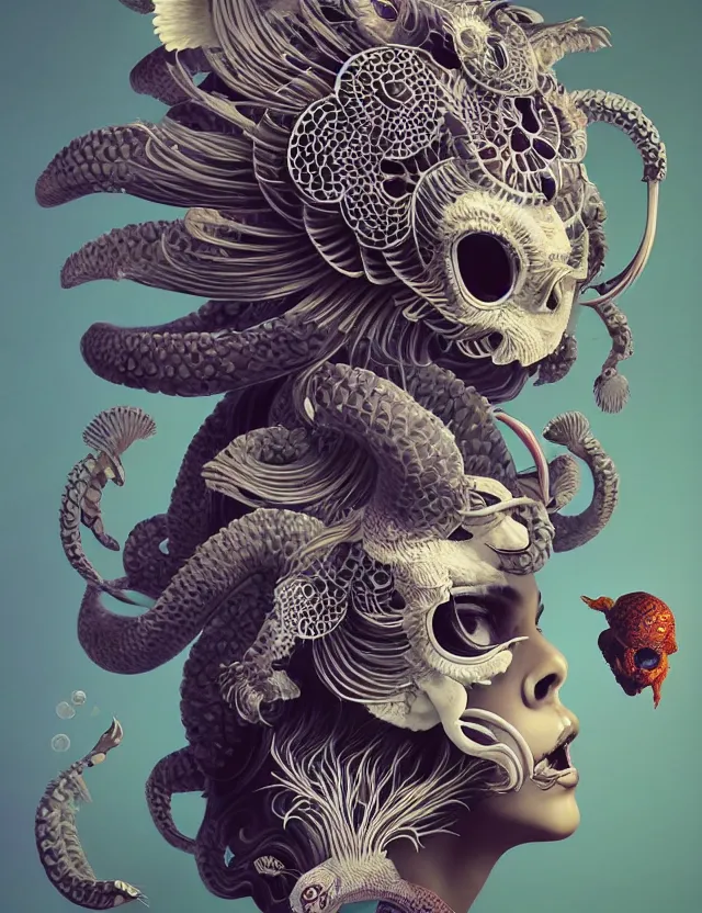 Image similar to 3 d goddess half - turn portrait with ram skull. beautiful intricately detailed japanese crow kitsune mask and clasical japanese kimono. betta fish, jellyfish phoenix, bio luminescent, plasma, ice, water, wind, creature, artwork by tooth wu and wlop and beeple and greg rutkowski