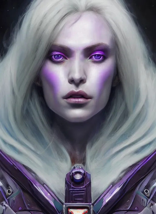 Prompt: a hyper detailed face portrait, extreme close up of a pale woman with purple hair in sci - fi cybernetic armor, sylvanas windrunner, sideshow figurines, by tom bagshaw, artgerm, dorian cleavenger, greg rutkowski, wlop, astri lohne, zdzisław beksinski trending on artstation