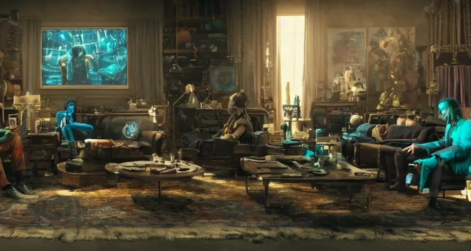 Image similar to impressive small cinematography scene featuring bio - punk aesthetic furniture. close shot of characters discussing an important topic. film still from the new live - action adventure movie. special effects from the studios called industrial light & magi, imageworks, rhythm & hues, weta, blur studio, blue sky studios, sony pictures.