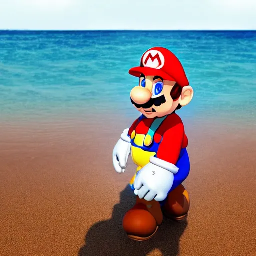 Image similar to super mario standing in the water at a beach