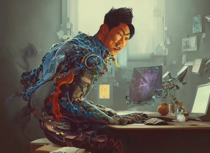 Image similar to an insanely detailed painting of an asian man wearing a homemade superhero costume, sitting at a desk, staring seriously at the computer and typing, in the style of peter mohrbacher, james jean, dramatic lighting and composition, surreal background, octane render, pixar, trending on artstation, concept art, comic book, view from behind, 8 k