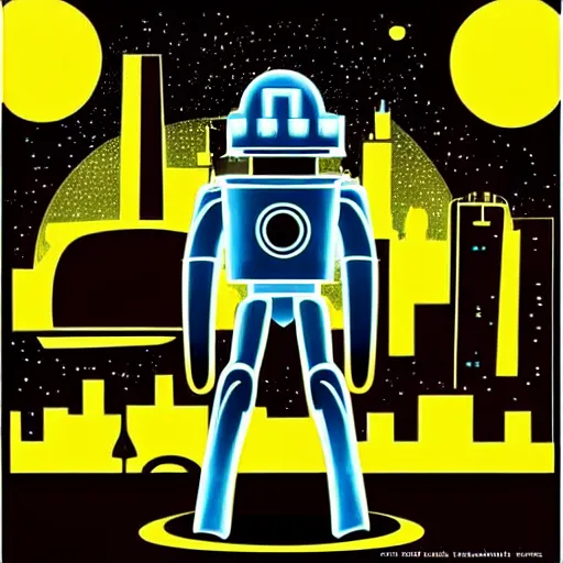 Image similar to “1950s art deco style robot silhouette facing a futuristic city, planets and stars in the background, retro poster.”