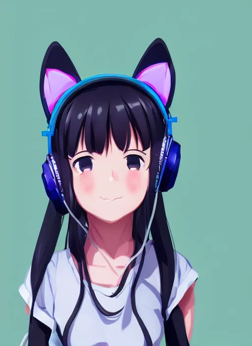 Image similar to portrait of a cute anime girl streamer wearing cat ear headphones smiling at the camera, symmetrical face, perfect face details, digital painting, trending on artstation, deviantart, artgem, perfect composition, ross draws, wlop