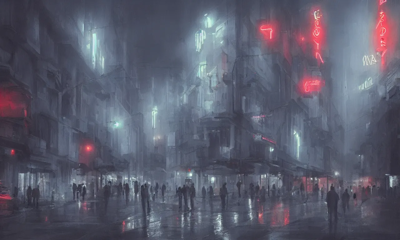 Prompt: Bucharest streets at night with mist and people and neon signs, digital painting, matte, artstation