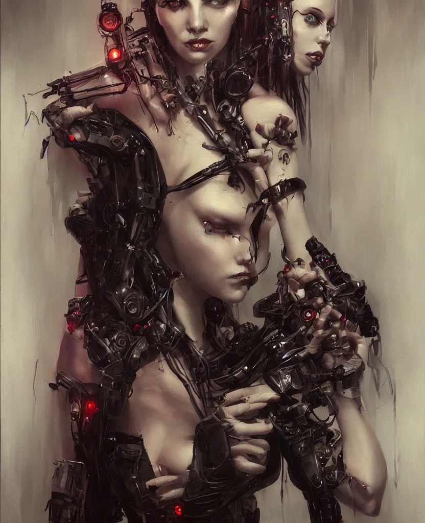 Image similar to a realistic portrait of a seductive cyberpunk woman, artstation contest winner, dark art, gerald brom, michael hussar, gothic, body horror, cronenberg