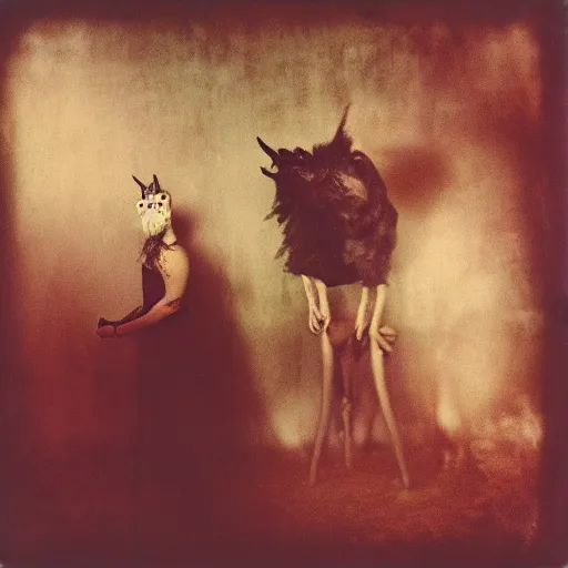 Prompt: kodak portra 4 0 0, wetplate, photo of a surreal artsy dream scene, horror, animal, carneval, grotesque, photographed by paolo roversi style
