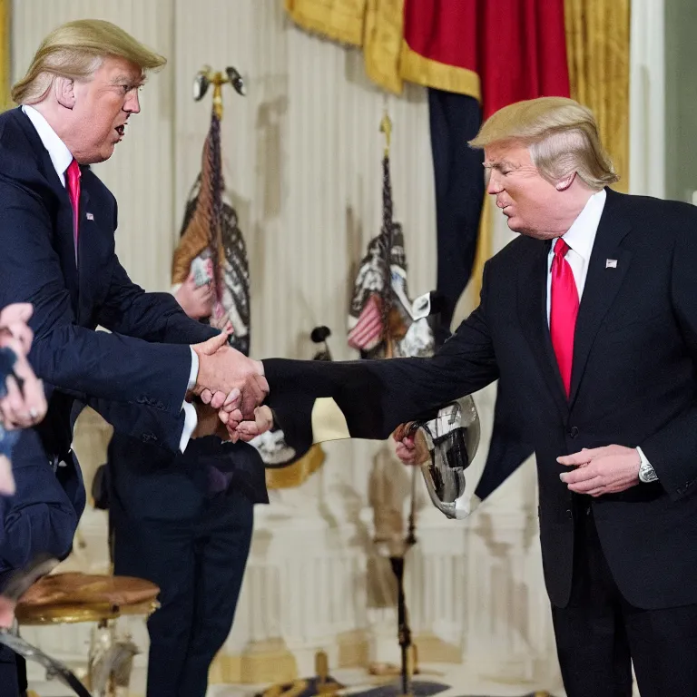 Image similar to The President of the United States shaking hands with a sinister space alien, official portrait