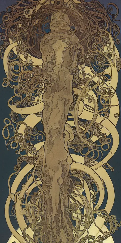 Image similar to eldritch astronaut with tentacle arms, by alphonse mucha, dynamic composition, dramatic lighting, hyper - realistic, ultra detailed, 8 k