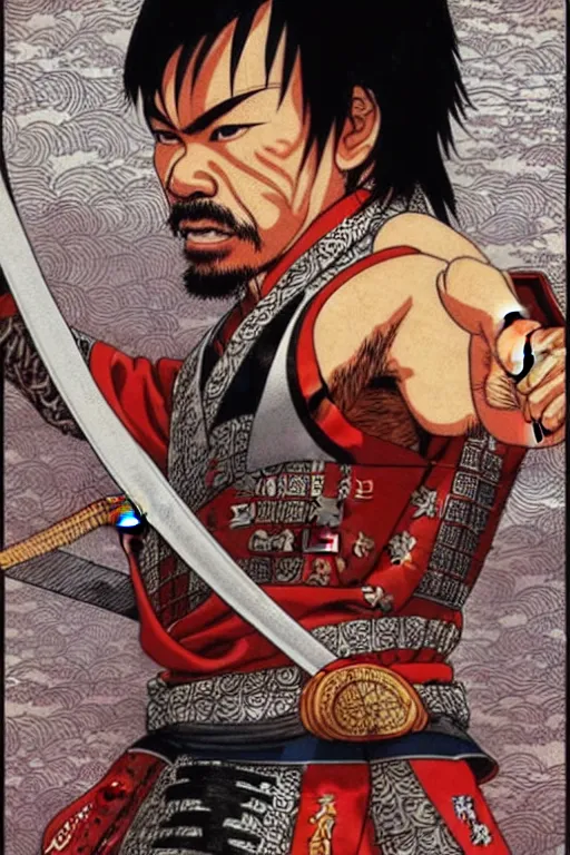 Image similar to poster of manny pacquiao as a samurai, wearing sengoku - era shogunate armor, by yoichi hatakenaka, masamune shirow, josan gonzales and dan mumford, ayami kojima, takato yamamoto, barclay shaw, karol bak, yukito kishiro