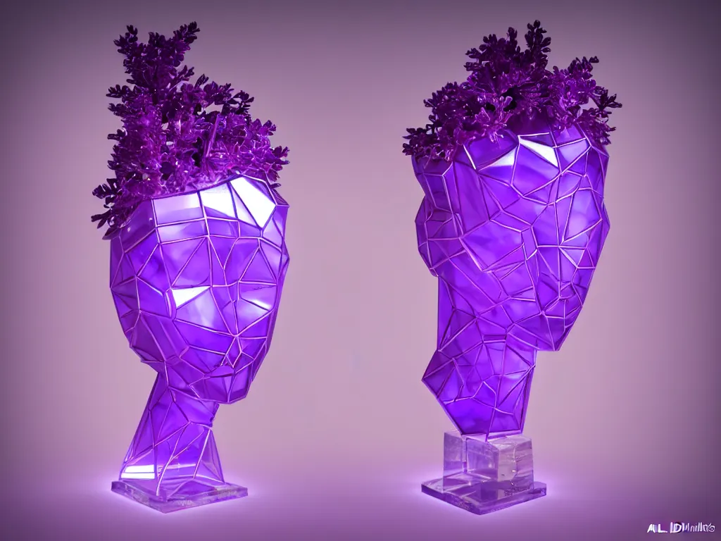 Image similar to beautiful mannequin sculpted out of amethyst by billelis + lit with purple 3 d geometric neon + chrome geometric cubed bonsai plants!!!!, doorway opening with neon pink geometric light, clean linework, dramatic, finely detailed, rule of thirds, moody, confident, award winning, 4 k, trending on artstation, photorealistic, volumetric lighting, octane render