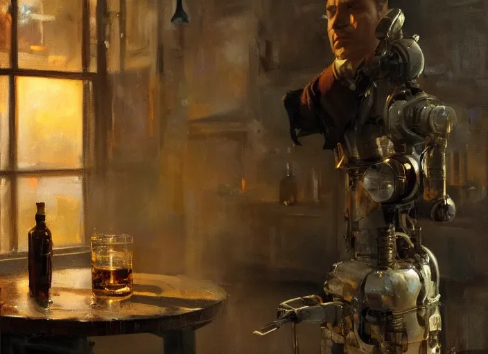 Prompt: oil painting of old rugged robot with whiskey glass, art by anders zorn, wonderful masterpiece by greg rutkowski, beautiful cinematic light, american romanticism by greg manchess, jessica rossier