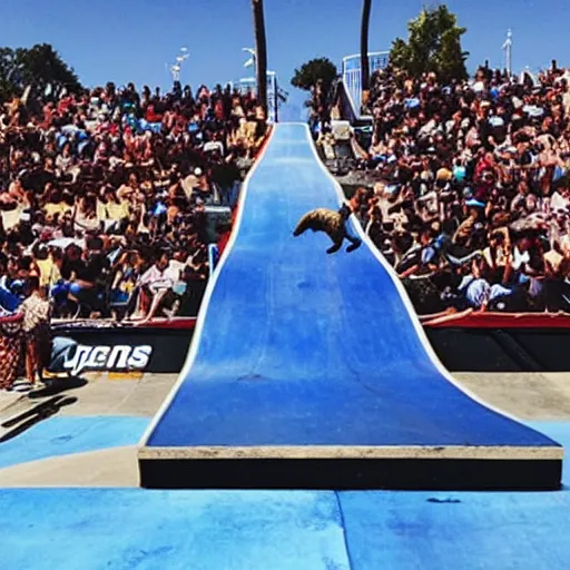 Prompt: “photo of a very, very fat dog skateboarding and kick flipping in a half-pipe at the X-Games”